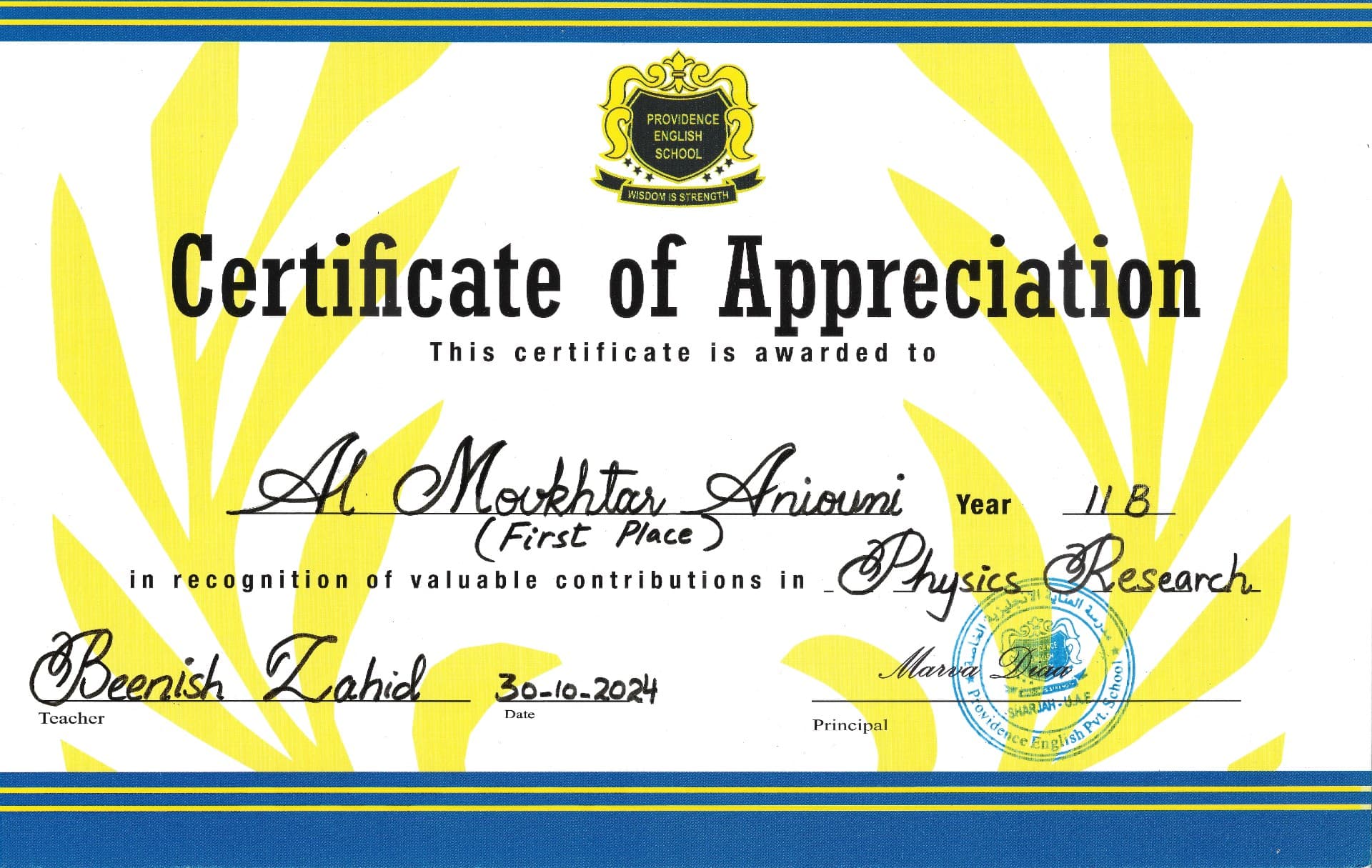 Physics Club Research Certificate